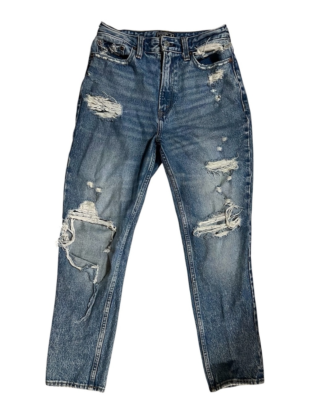 Abercrombie & Fitch Distressed High-Rise Blue Denim Mom Jeans SZ 2r/26 - Picture 2 of 14